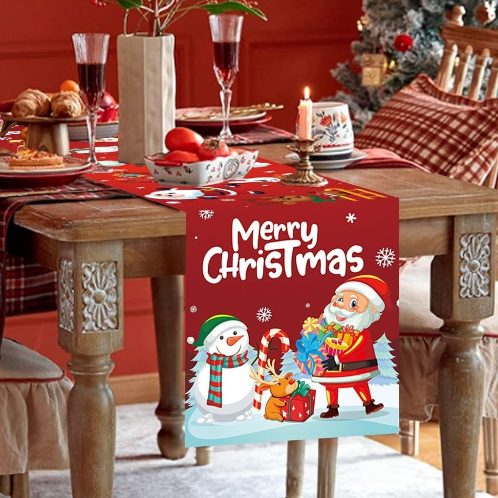 Christmas Runner for Table, Merry Christmas Decorations Table Runners with Santa Claus Snowman, Christmas Table Runner for Xmas Kitchen Dining Table Decoration for Coffee Table Banquet Decor