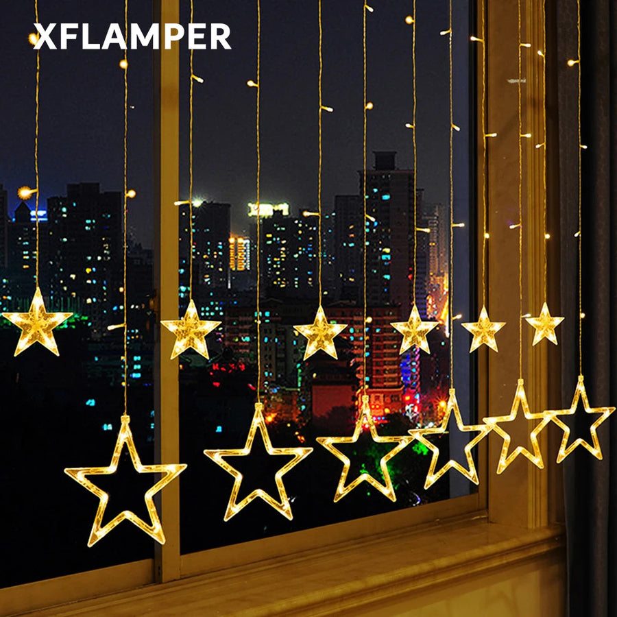 2.5M 138LED Star String Light Waterproof 8Modes Warm White Curtain Lights for Ramadan Party Bedroom Wedding Christmas Decoration