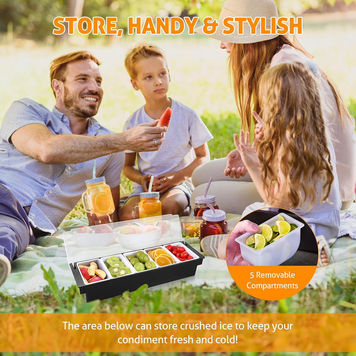 Ice Chilled Condiment Caddy with 5 Removable Trays and Lid, 2 Pack