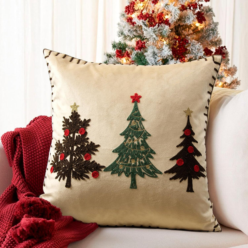 Christmas Tree Pillow Covers with Gold Embroidery