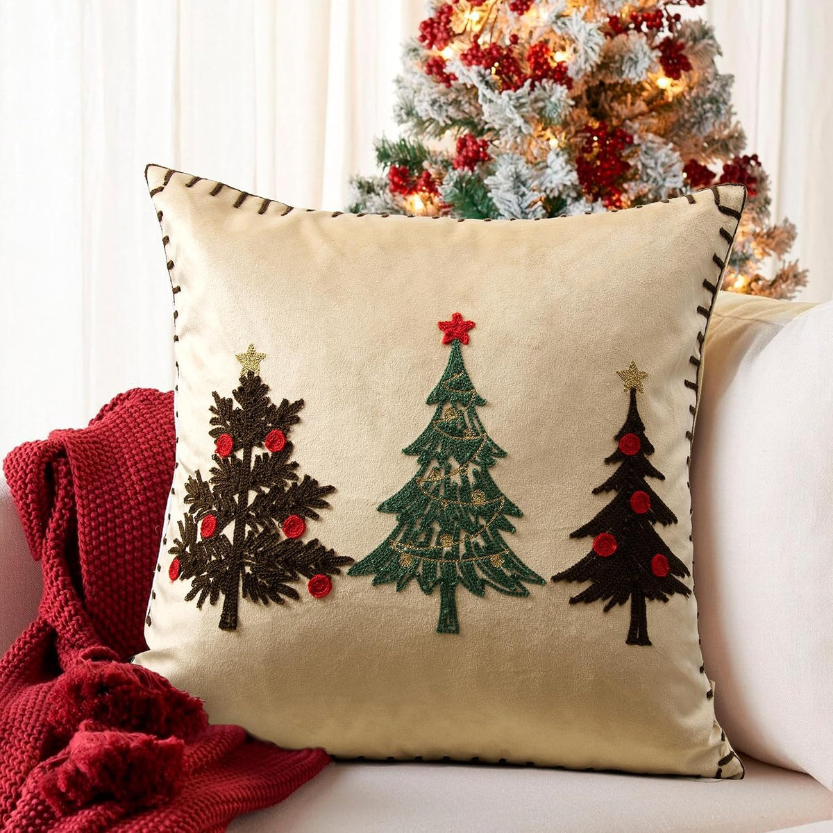 Christmas Tree Pillow Covers with Gold Embroidery
