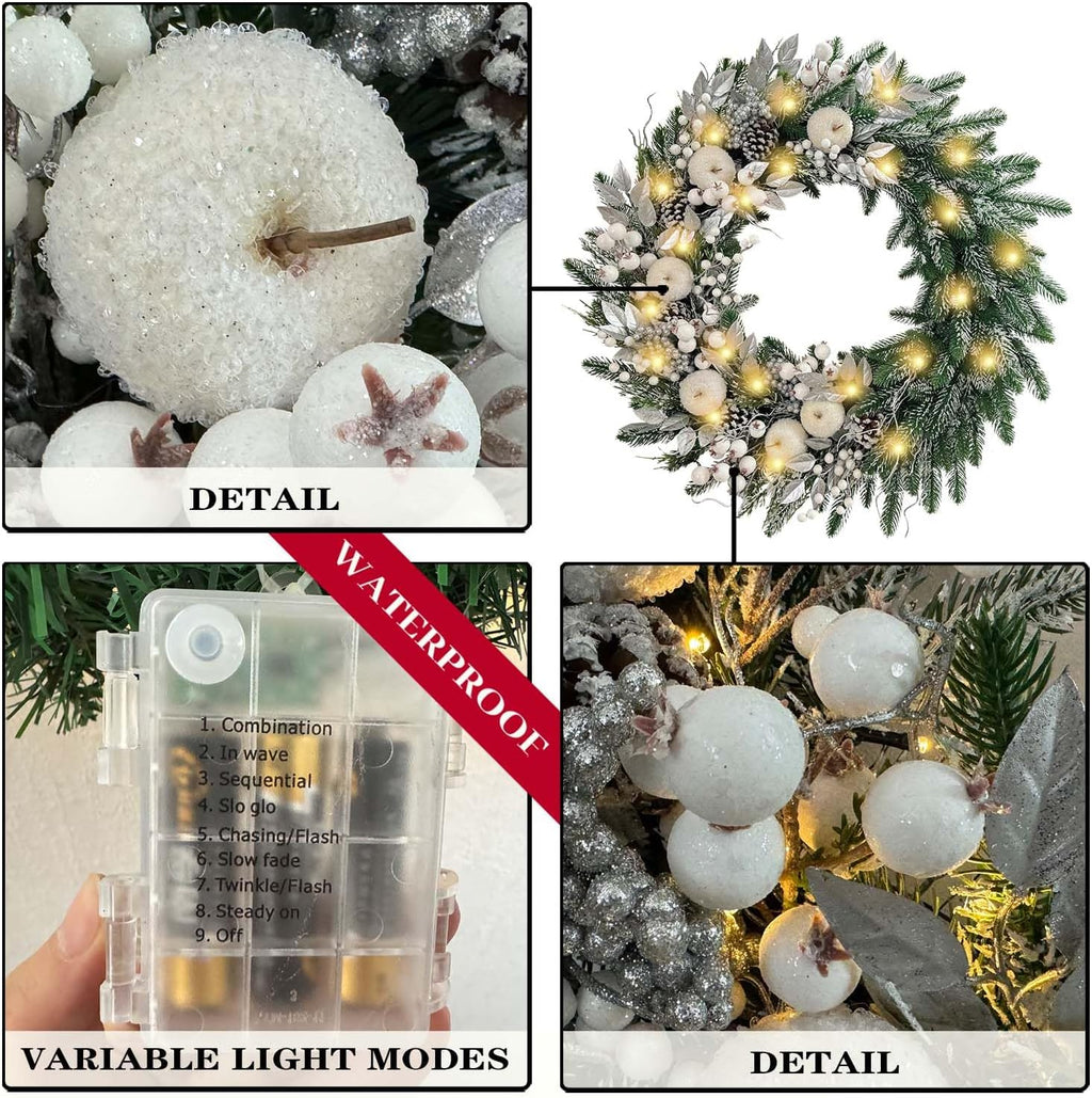 30 Inch Pre-Lit Silver White Christmas Wreaths for Front Door