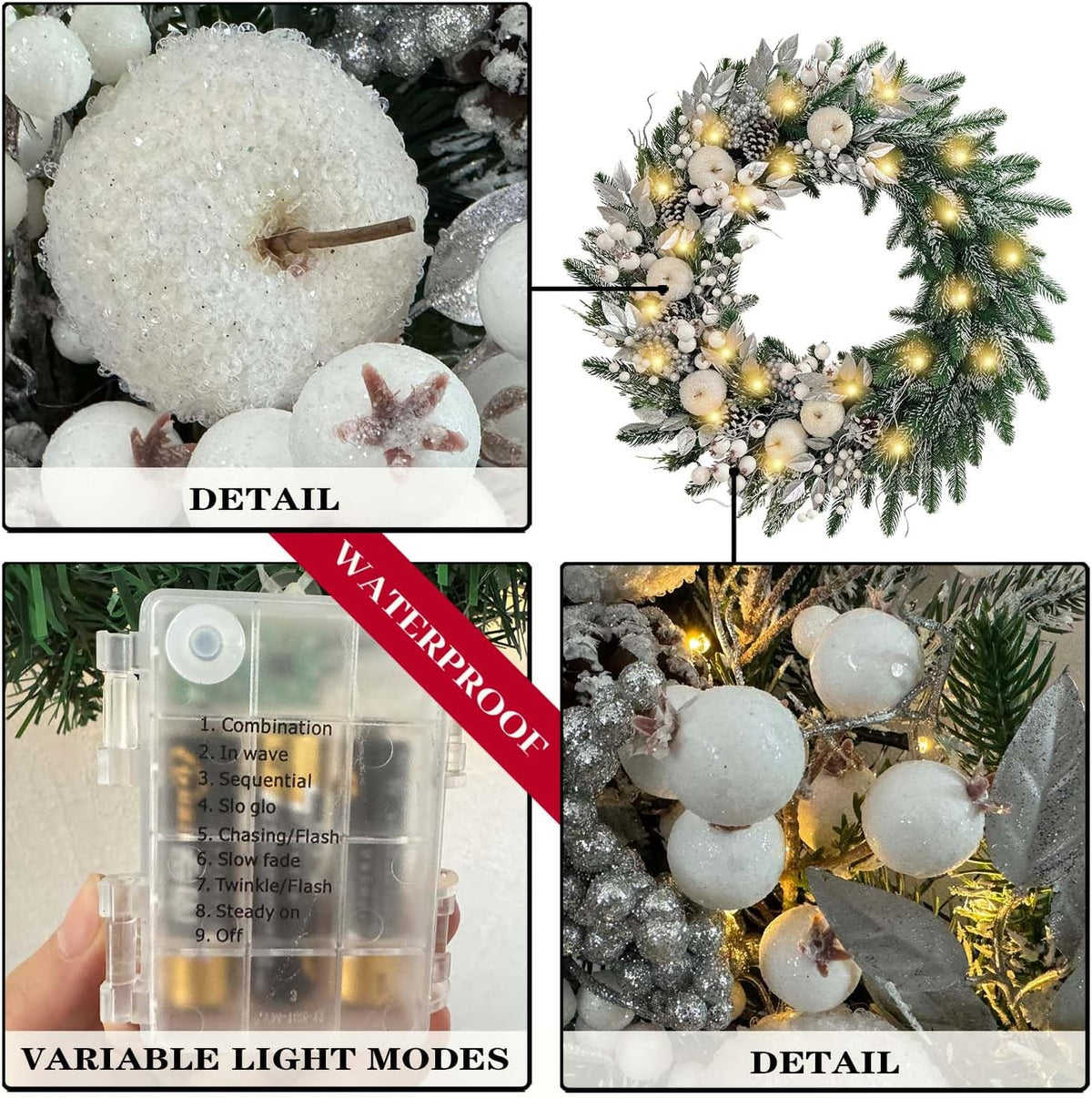 30 Inch Pre-Lit Silver White Christmas Wreaths for Front Door