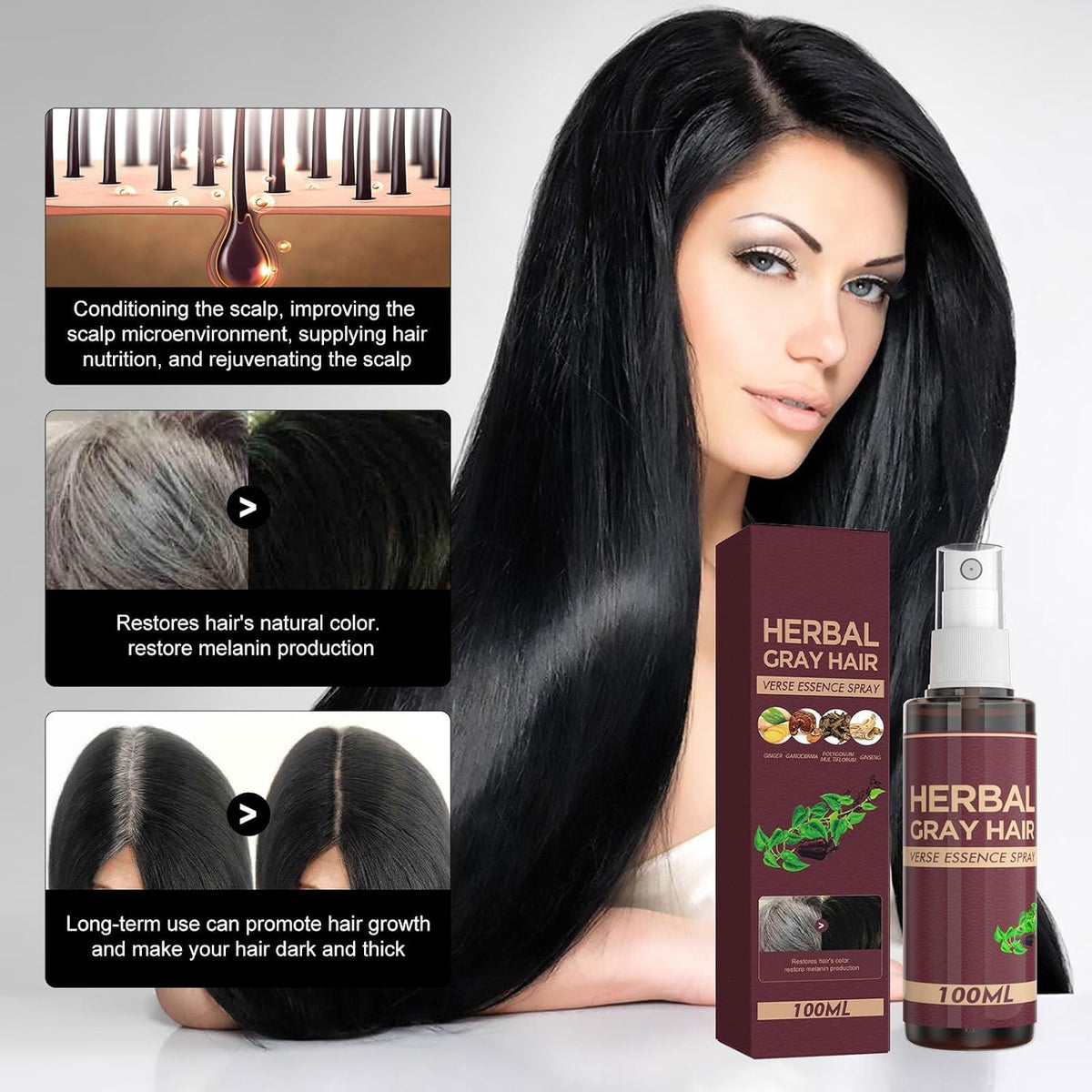 2Pcs Herbal Essence Hair Spray,Gray Hair Verse Essence Spray,Hair Darkening Conditioner,Reverse Grey Hair,Hair Coloring Essence for 4 Weeks Gradual Results(100Ml)