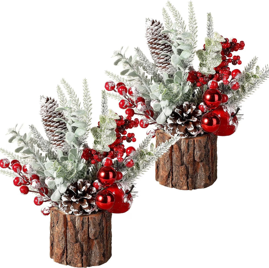 2Pack Small Christmas Tree with Christmas Ornaments Pine Cone Berry, Small Xmas Tree for Christmas Decorations Indoor Outdoor(Red-Round)