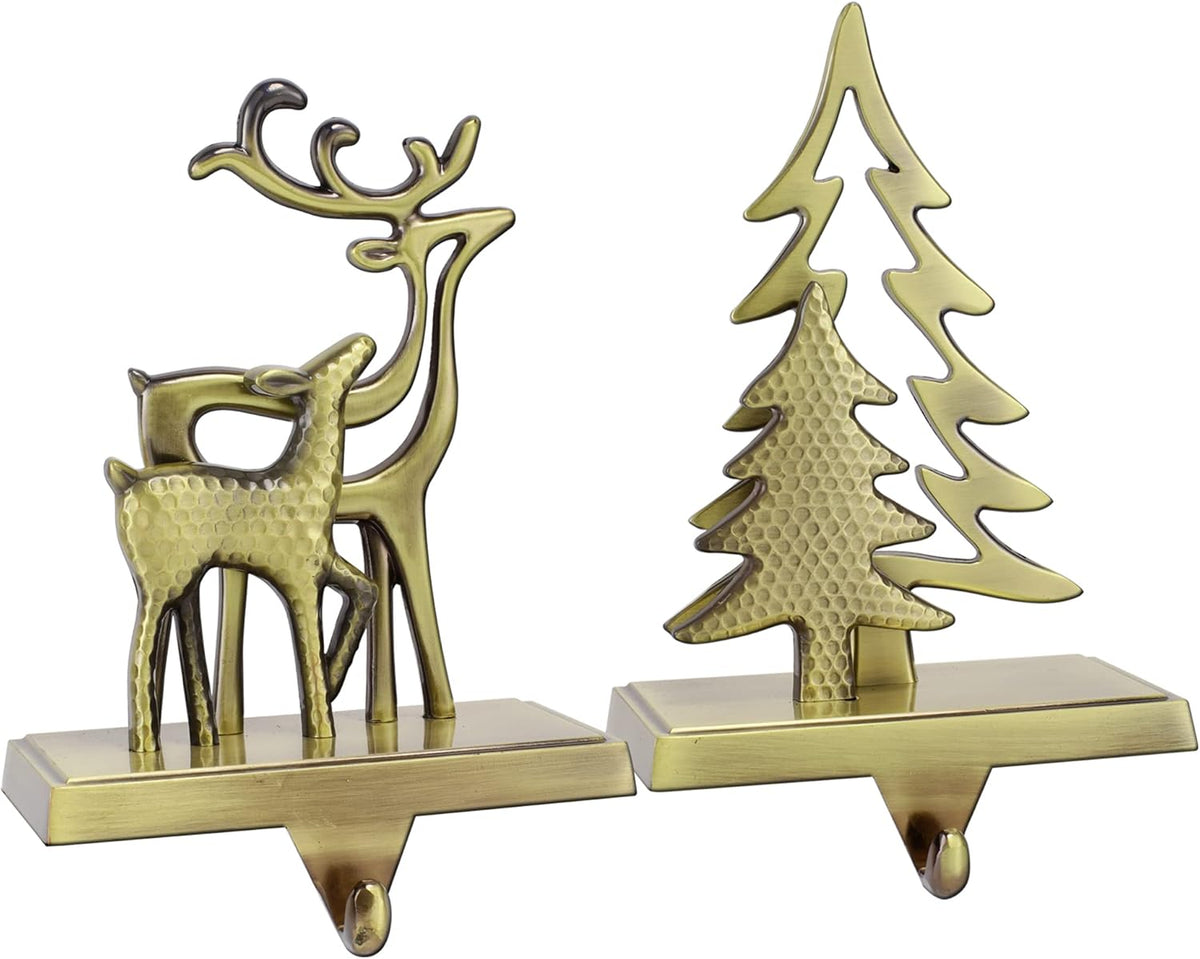 Christmas Stocking Holders for Mantle Set of 2 Christmas Stocking Hangers for Fireplace Anti-Slip Mantel Hanger Hooks for Stocking Hanging Ornament Firepiece Xmas Decor (Tree and Reindeer)