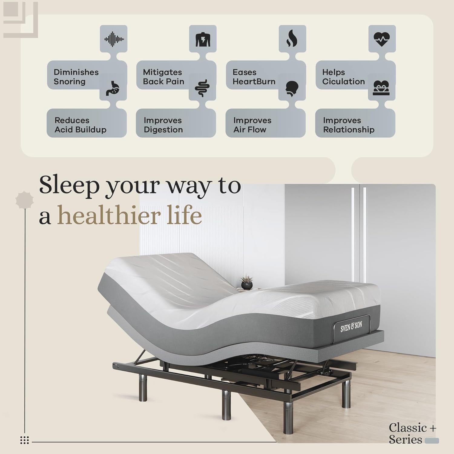 Sven & Son Harmony Adjustable Bed Base, Head and Foot Lift, Massage, Under-Bed Lights, USB, Gel Memory, Zero Gravity Smart Frame - Twin XL + 14 Inch Hybrid Spring Matt (Medium Soft)
