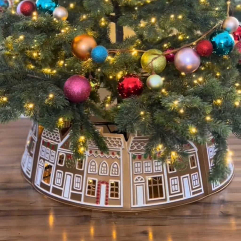 LED Lights Christmas Tree Collar, PVC Christmas Tree Skirt, 60CM/23.6IN, Set of 5 Panels Christmas House Design, Easy to Assemble and Store, Battery-Operated (Batteries Not Included)