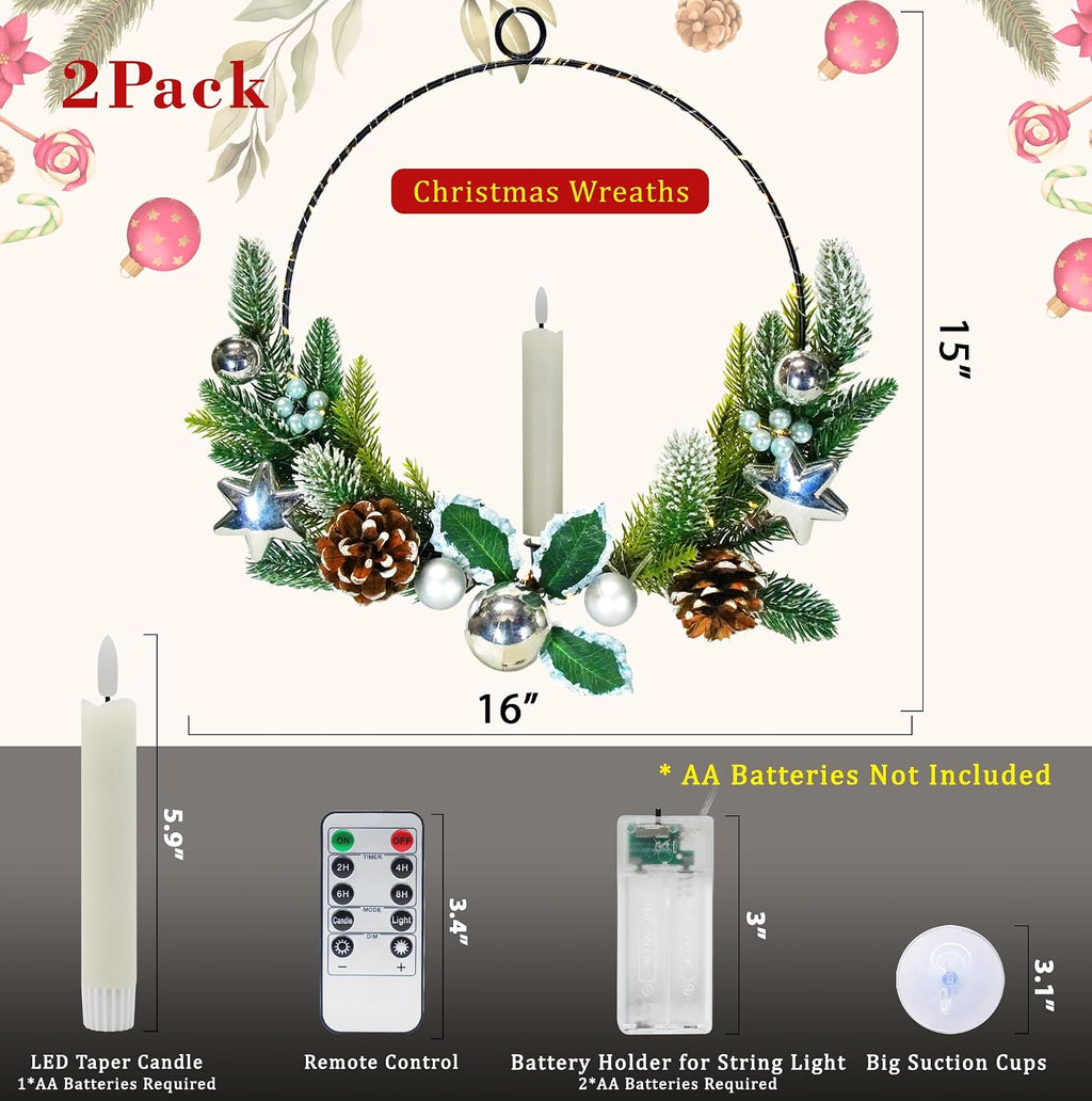 2Pack Christmas Wreaths for Front Door with Lights & Flickering LED Taper Candles & Remote, 16'' Windows Wreaths, Fireplace Christmas Decorations - Silver