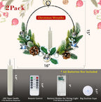 2Pack Christmas Wreaths for Front Door with Lights & Flickering LED Taper Candles & Remote, 16'' Windows Wreaths, Fireplace Christmas Decorations - Silver