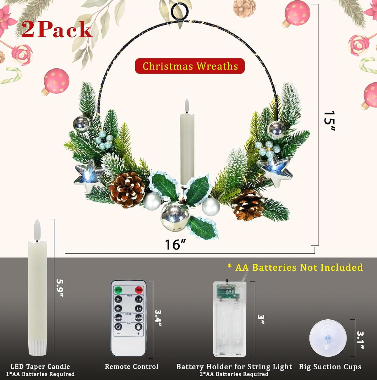 2Pack Christmas Wreaths for Front Door with Lights & Flickering LED Taper Candles & Remote, 16'' Windows Wreaths, Fireplace Christmas Decorations - Silver