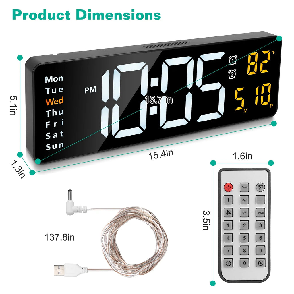 15.7In LED Digital Wall Clock with Remote Control for Home Gadget 10 Level Brightness 3 Alarm Settings 12-24Hr Format Timing Countdown Temperature Calendar Display Decorative Clock for Office Home