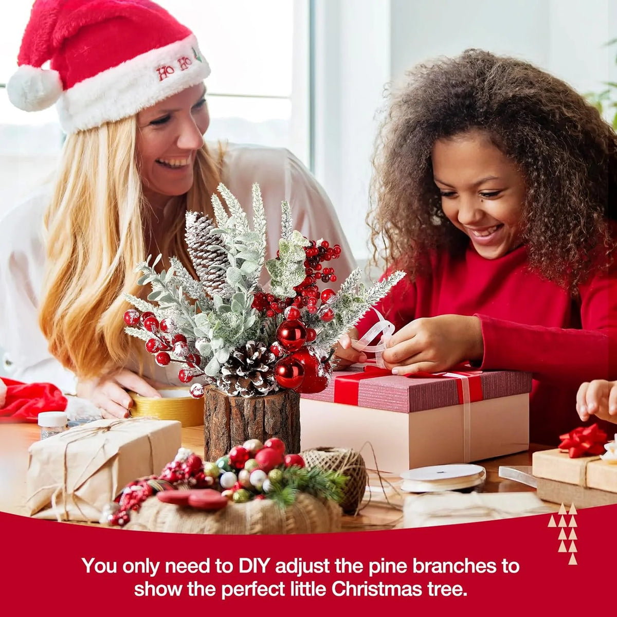 2Pack Small Christmas Tree with Christmas Ornaments Pine Cone Berry, Small Xmas Tree for Christmas Decorations Indoor Outdoor(Red-Round)