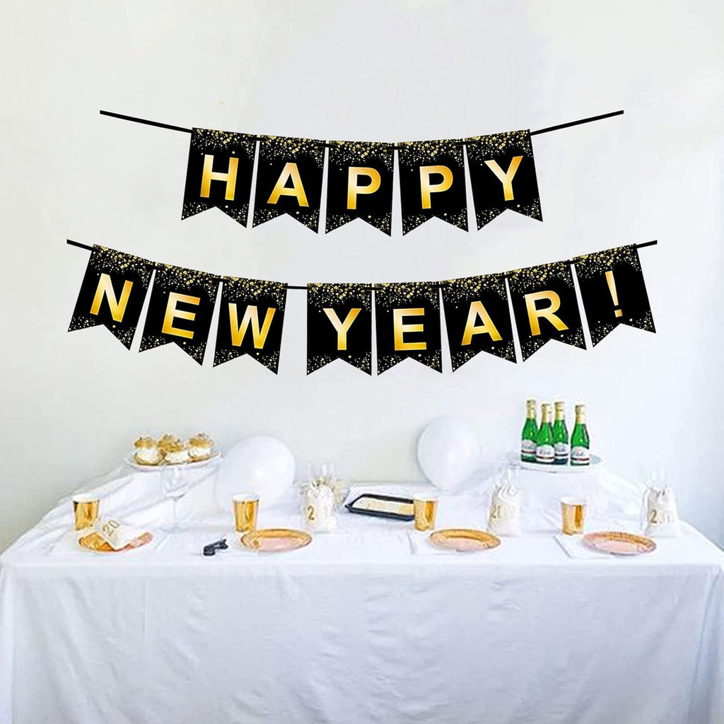 Black Gold Happy New Year Banner for New Year Party Decorations
