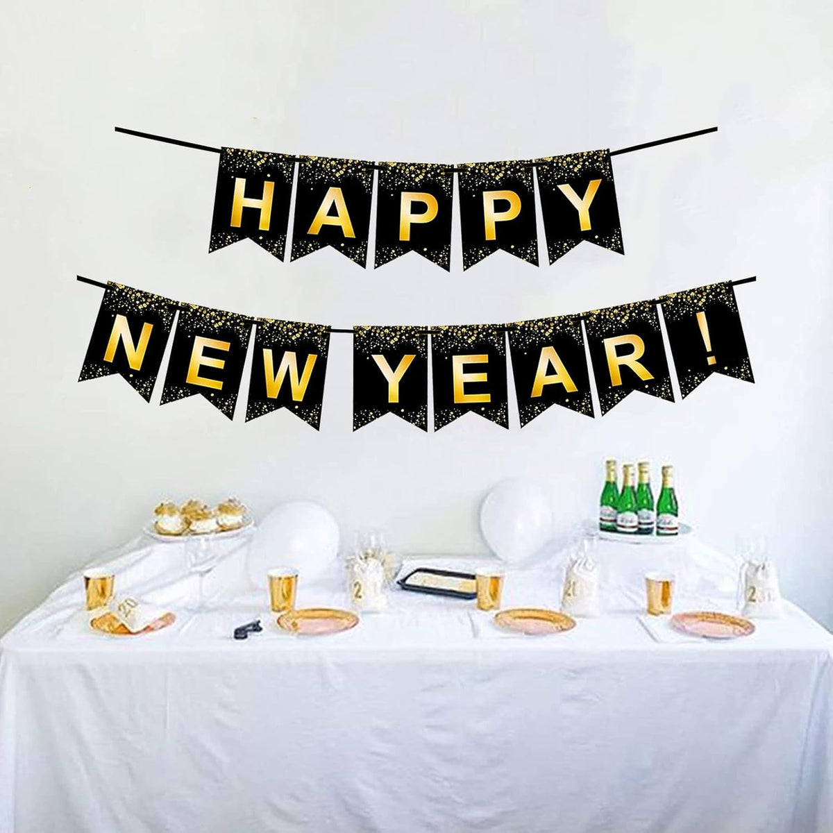 Black Gold Happy New Year Banner for New Year Party Decorations