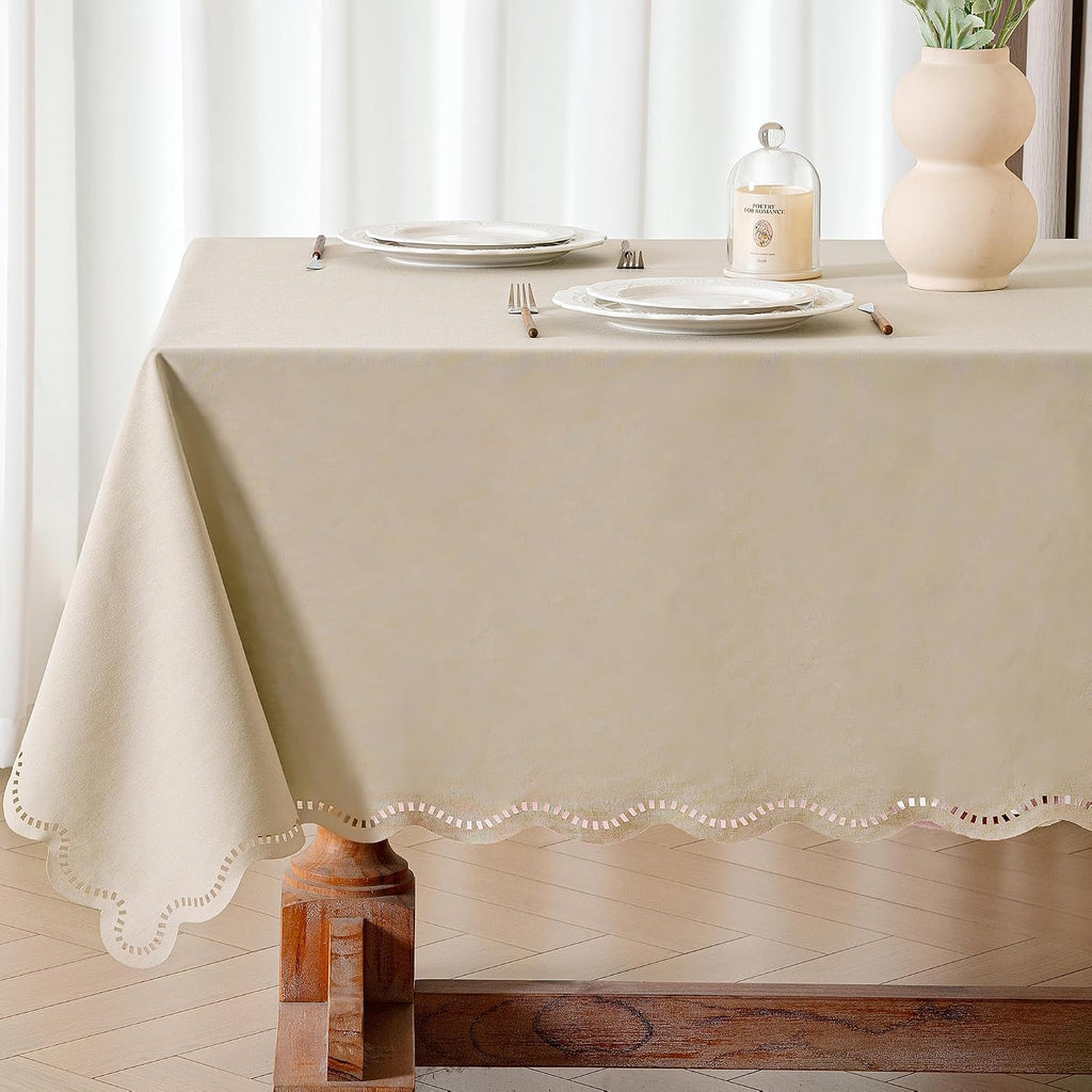 Beige Rectangle Tablecloth Scalloped Cutouts Waterproof Table Cover 55X84