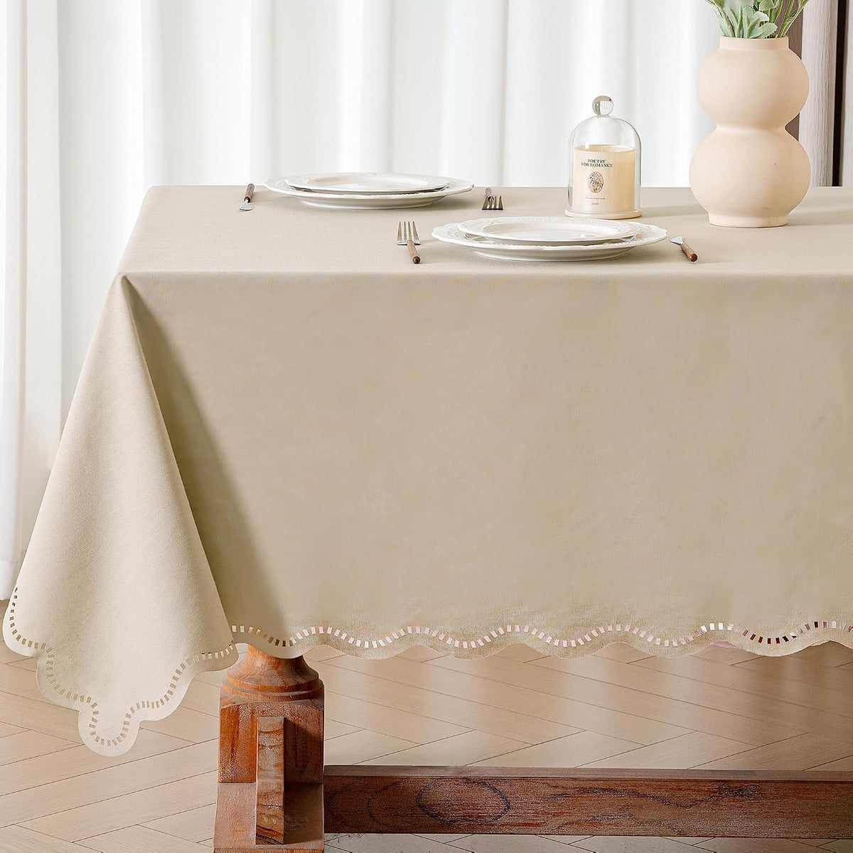Beige Rectangle Tablecloth Scalloped Cutouts Waterproof Table Cover 55X84