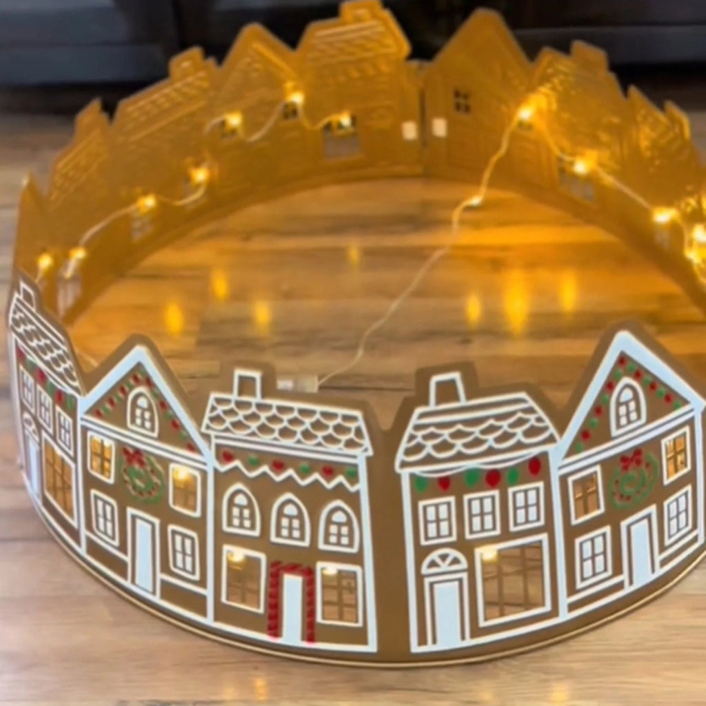 LED Lights Christmas Tree Collar, PVC Christmas Tree Skirt, 60CM/23.6IN, Set of 5 Panels Christmas House Design, Easy to Assemble and Store, Battery-Operated (Batteries Not Included)