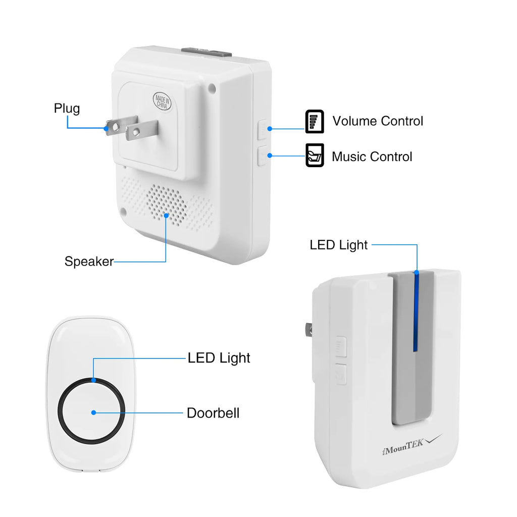 Wireless Doorbells Rings 1 Thousand FT Operating Range IP44 Waterproof Door Chime with 1 Plug Receiver Chimes 52 Melodies LED Indicator Bells for Office Apartment House