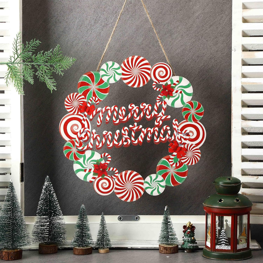 Christmas Wreath Sign for Front Door, Wooden Candy Hanger Decoration