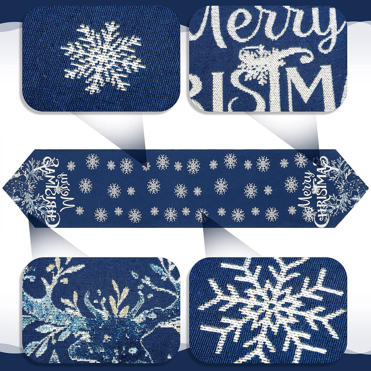 Embroidered Snowflake Xmas Table Runner Elk 13 X 70 In, Navy Blue