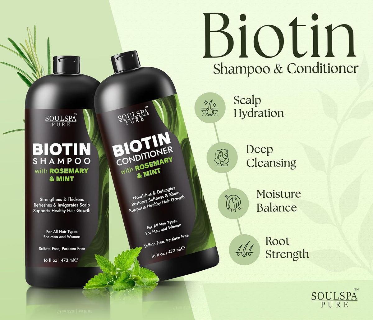 Biotin Rosemary Shampoo and Conditioner Set for Hair Growth -16 Fl Oz Each