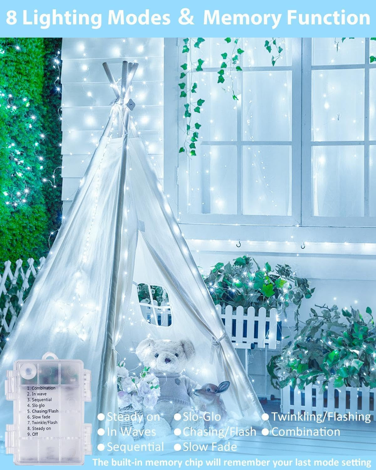 2 Pack 100 LED Fairy Lights Battery Operated with Remote, 33 FT Cool White