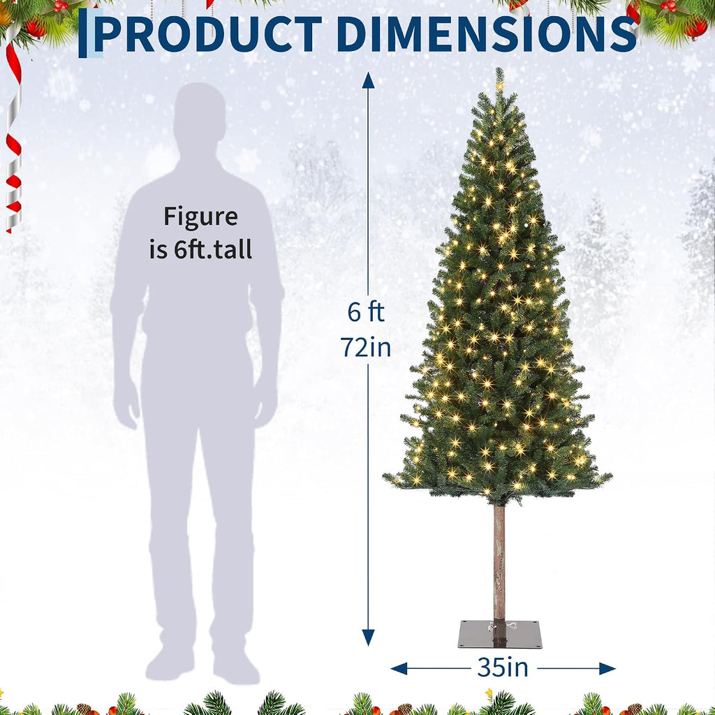 6FT Pre-Lit Pencil Christmas Tree, Artificial Slim Christmas Tree with LED Warm White Lights & Metal Stand,Realistic Xmas Tree Holiday Party Decoration for Indoor and Outdoor Use