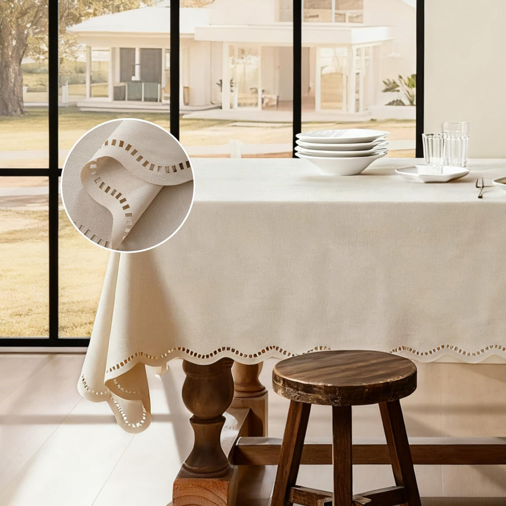 Beige Rectangle Tablecloth Scalloped Cutouts Waterproof Table Cover 55X84