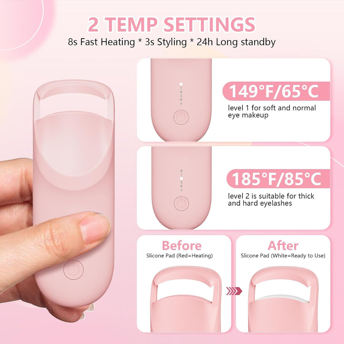 Heated Eyelash Curler, Electric Eyelash Curler with 2-Temp Modes & Type-C Charging, 8S Fast Heat 3S Style 24H Lift for Long-Lasting Natural Effortless Curls, Mini Heated Lash Curler for Women(Pink)