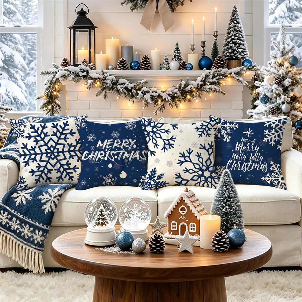 Blue Merry Christmas Snowflake Pillow Covers 16X16 Inch Set of 4