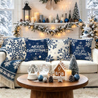 Blue Merry Christmas Snowflake Pillow Covers 16X16 Inch Set of 4