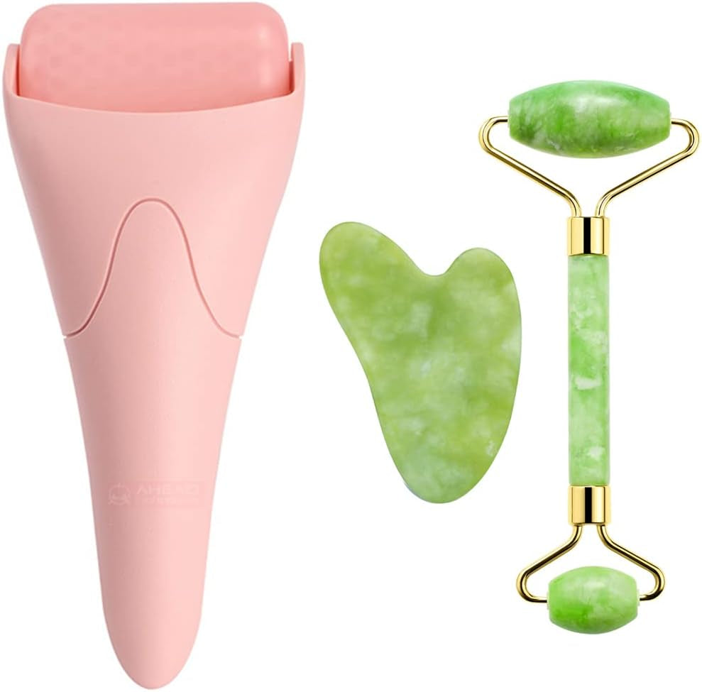 3-In-1 Natural Jade Roller and Gua Sha Set for Face and Eye Ice Roller Facial Cooling Massage Roller