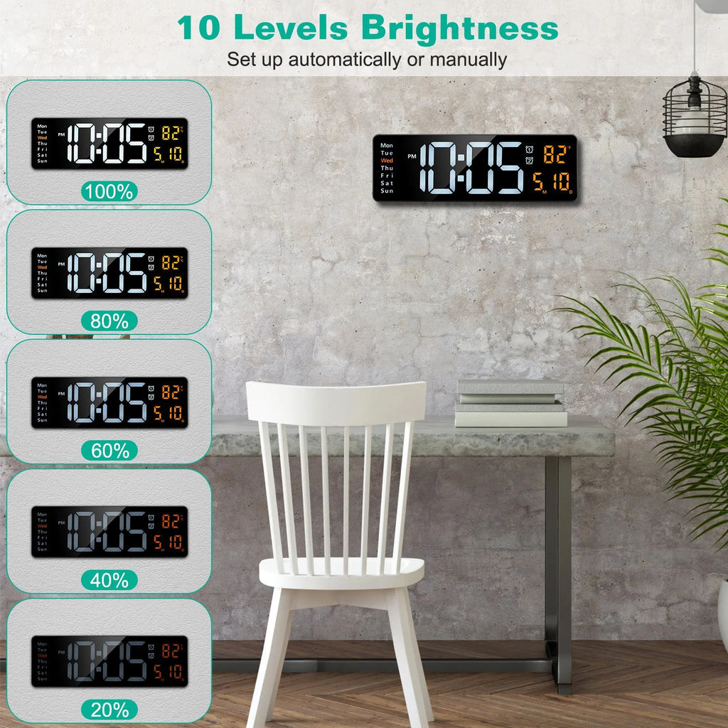 15.7In LED Digital Wall Clock with Remote Control for Home Gadget 10 Level Brightness 3 Alarm Settings 12-24Hr Format Timing Countdown Temperature Calendar Display Decorative Clock for Office Home