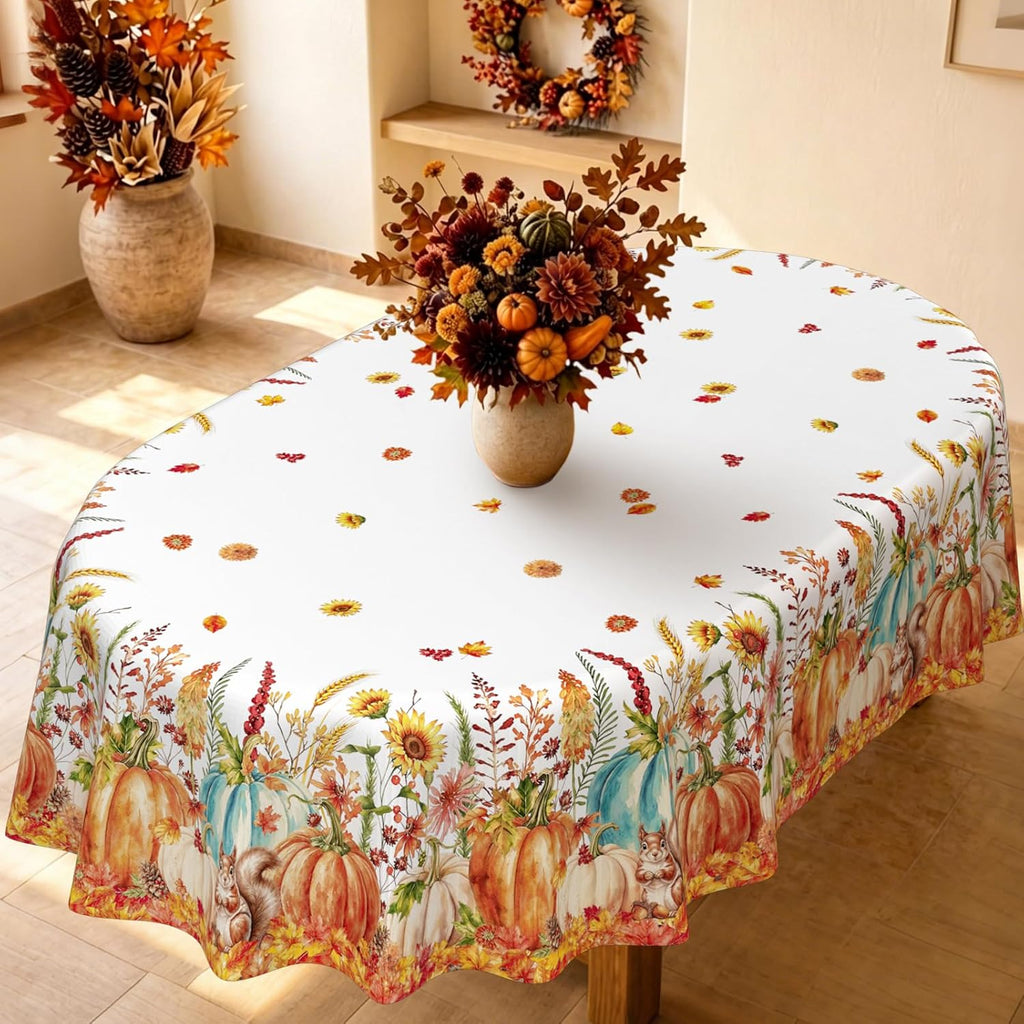 Fall Tablecloth Autumn Pumpkin Squirrel Sunflower Maple Leaves Tablecloths Oval 60X84 Inch Table Cover for Dinning Table Decorations