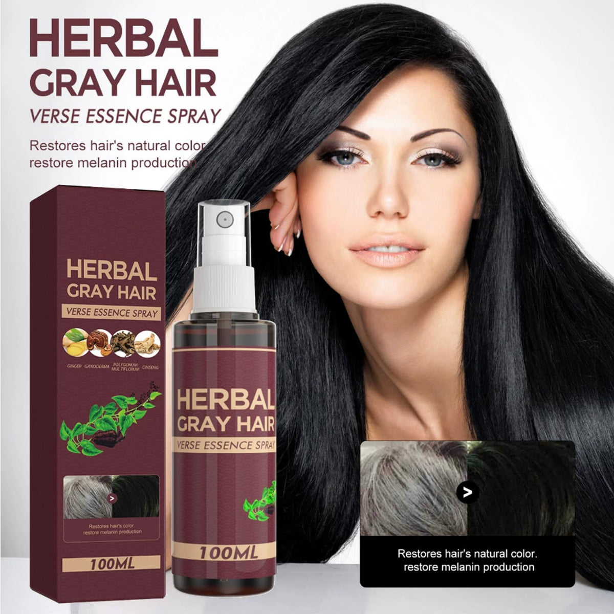 2Pcs Herbal Essence Hair Spray,Gray Hair Verse Essence Spray,Hair Darkening Conditioner,Reverse Grey Hair,Hair Coloring Essence for 4 Weeks Gradual Results(100Ml)