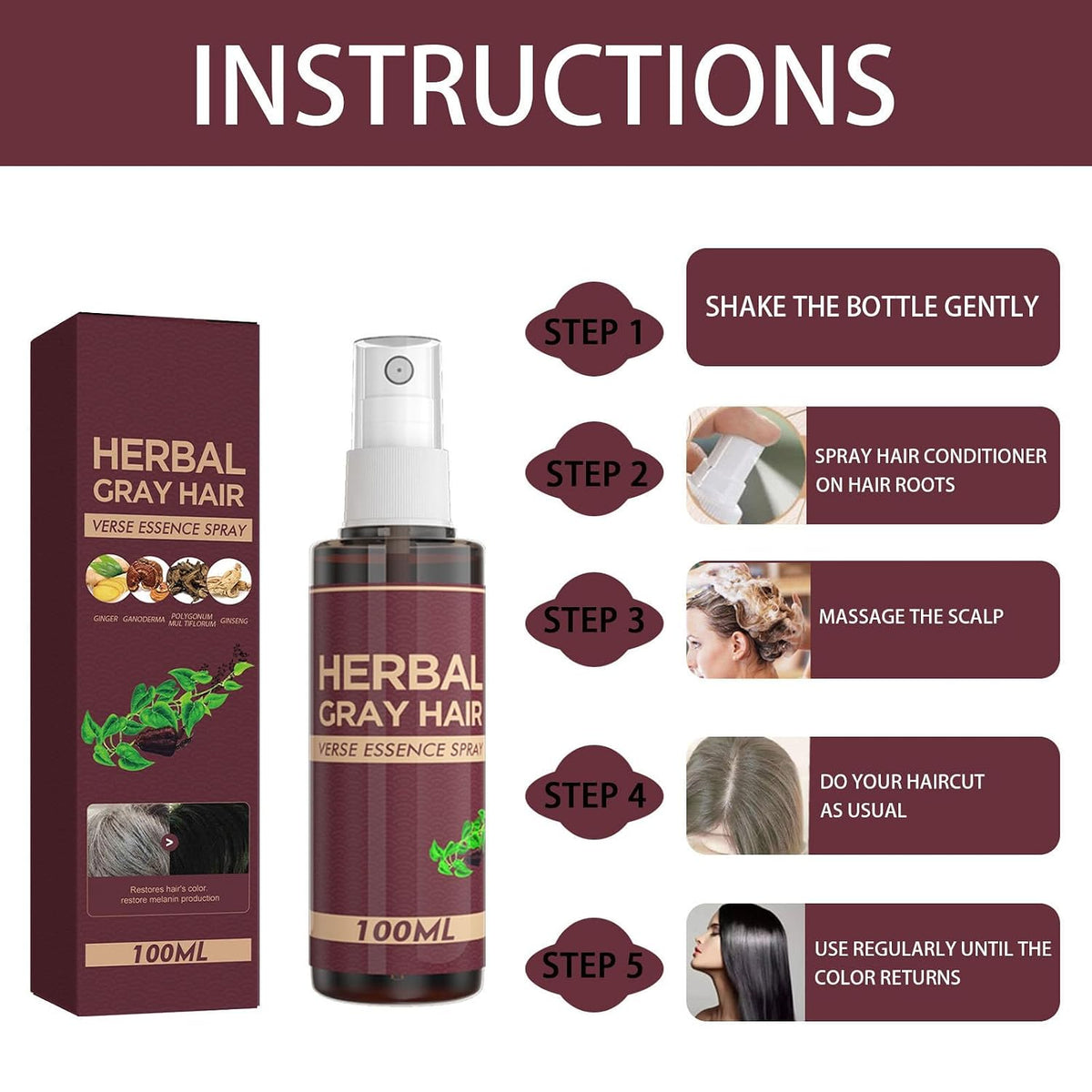 2Pcs Herbal Essence Hair Spray,Gray Hair Verse Essence Spray,Hair Darkening Conditioner,Reverse Grey Hair,Hair Coloring Essence for 4 Weeks Gradual Results(100Ml)