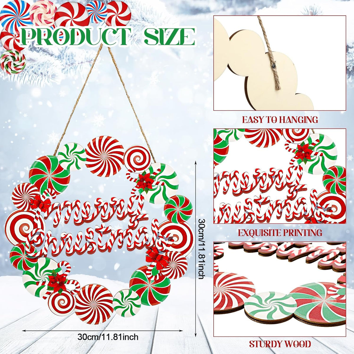 Christmas Wreath Sign for Front Door, Wooden Candy Hanger Decoration