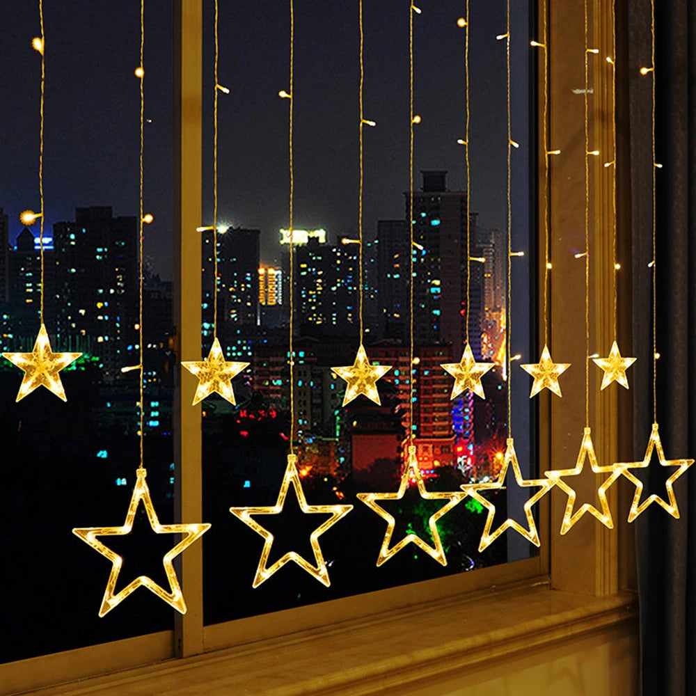 2.5M 138LED Star String Light Waterproof 8Modes Warm White Curtain Lights for Ramadan Party Bedroom Wedding Christmas Decoration