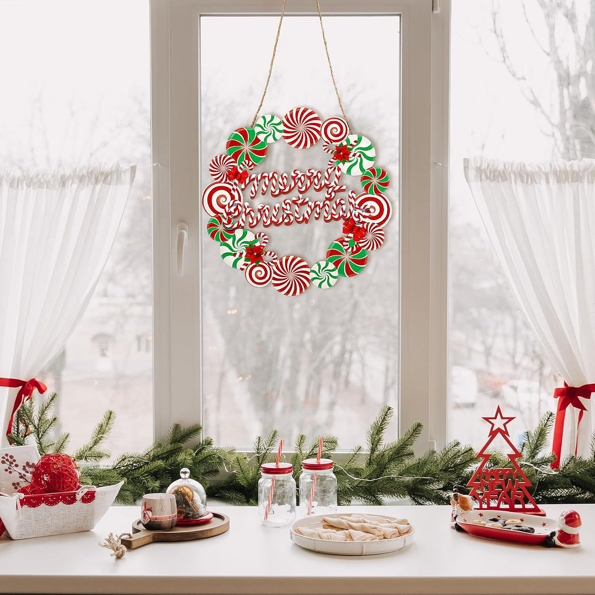 Christmas Wreath Sign for Front Door, Wooden Candy Hanger Decoration