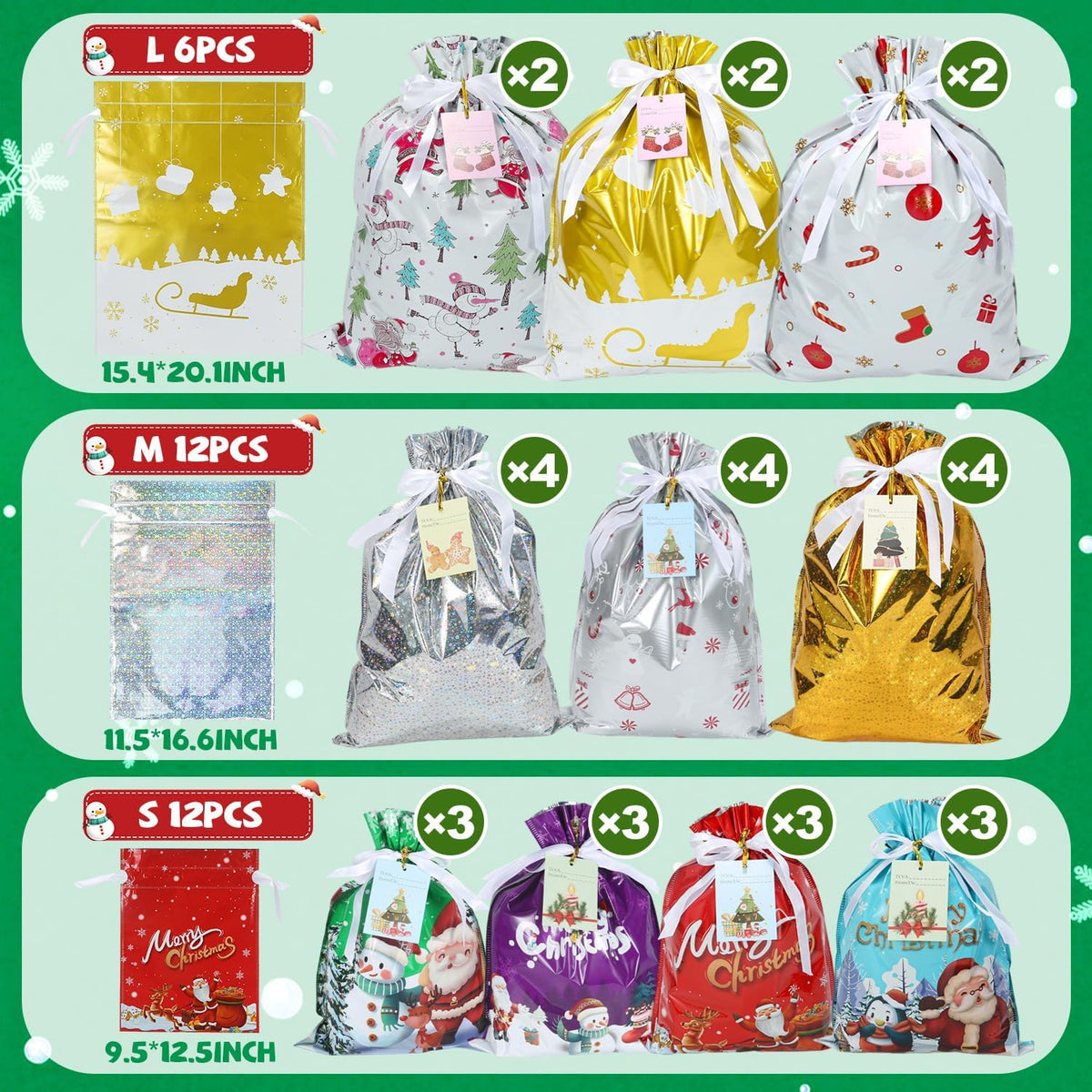 38PCS Christmas Gift Bags, Holiday Gift Bags Set with Tags, Christmas Drawstring Bags with Festive Patterns，Jumbo/Extra Large/Large/Medium/Small Size
