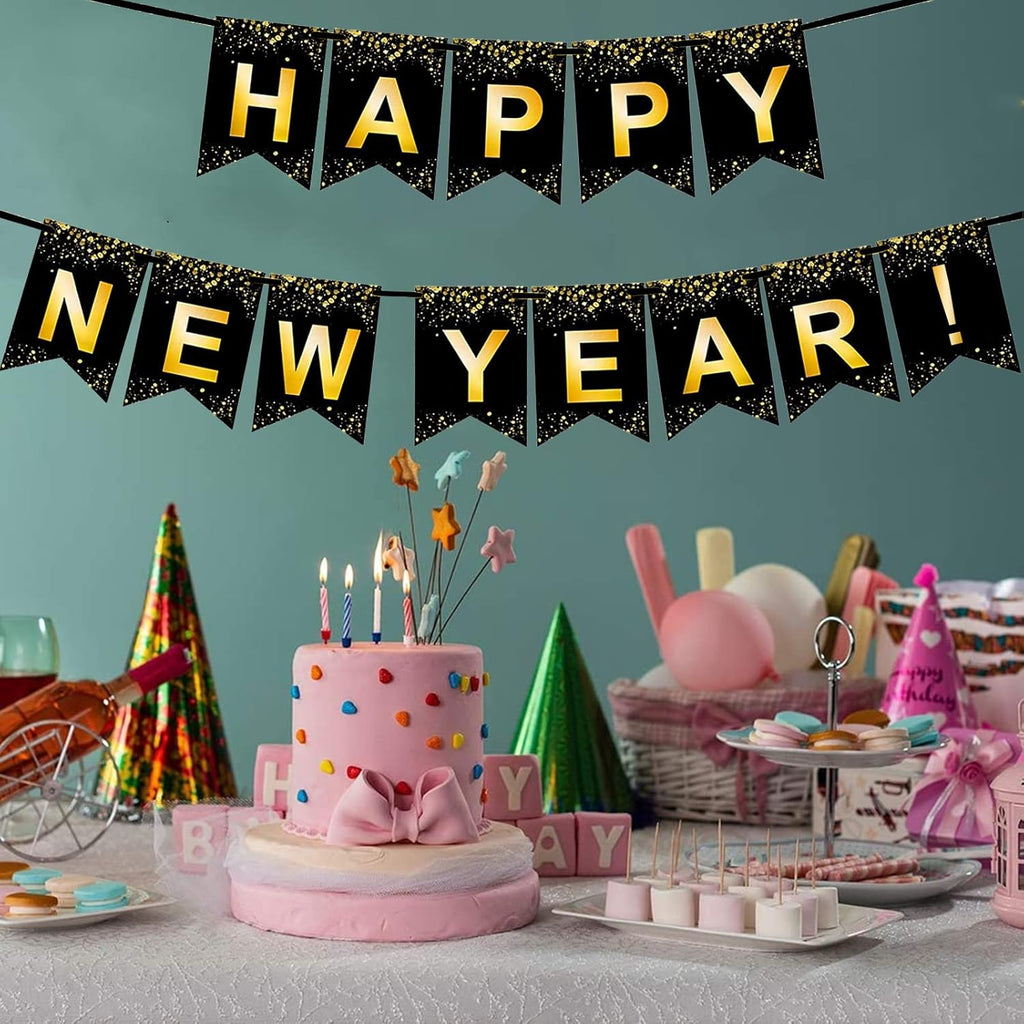 Black Gold Happy New Year Banner for New Year Party Decorations