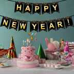 Black Gold Happy New Year Banner for New Year Party Decorations