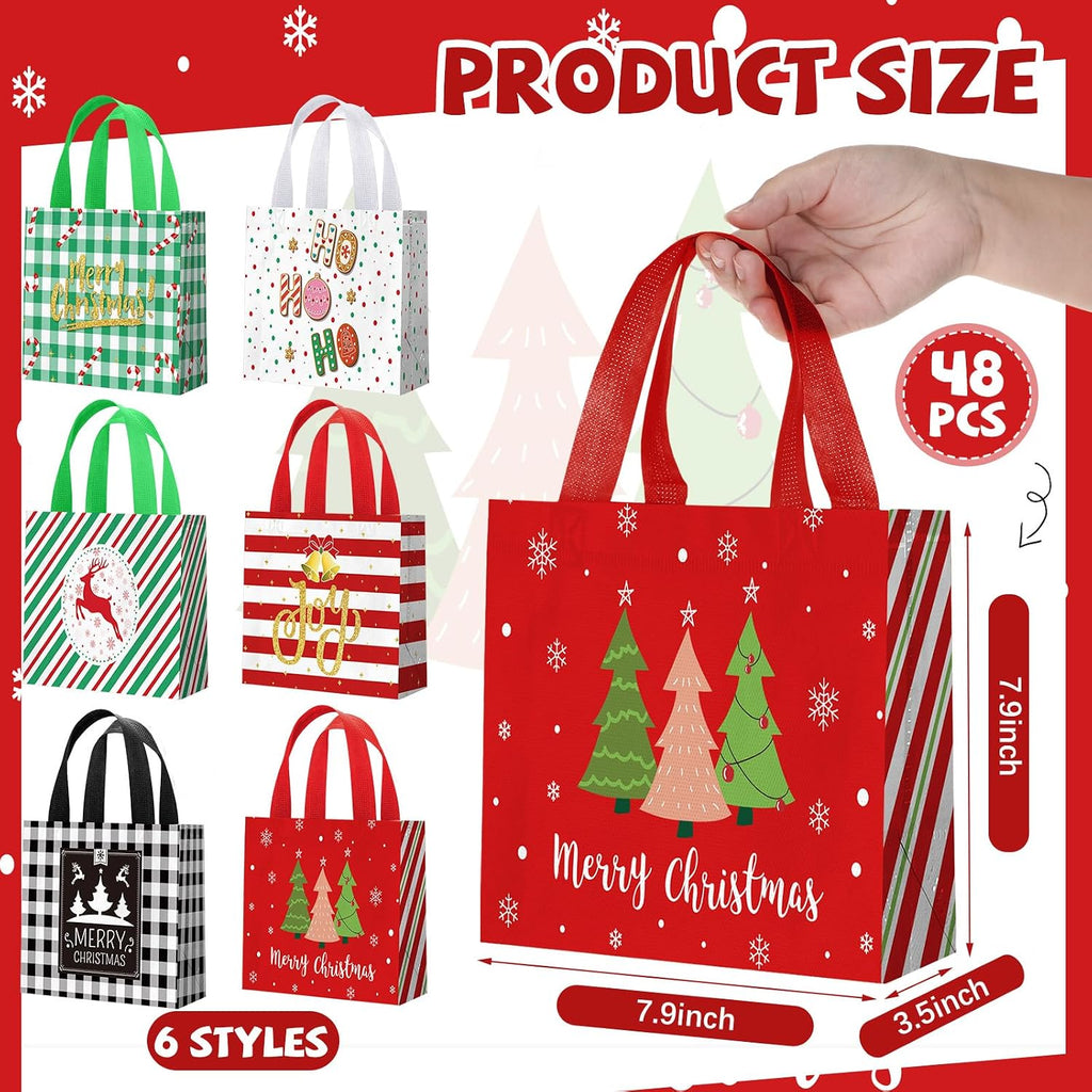 48 Pieces Christmas Gift Bags Bulk Reusable Cute Christmas Tote Bags with Handles Xmas Tree Reindeer Joy Non Woven Holiday Goodie Basket for Xmas Party Favors, 7.8 X 7.8 X 3.5 Inch