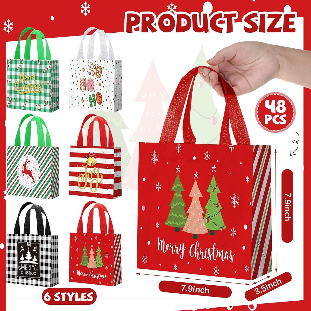 48 Pieces Christmas Gift Bags Bulk Reusable Cute Christmas Tote Bags with Handles Xmas Tree Reindeer Joy Non Woven Holiday Goodie Basket for Xmas Party Favors, 7.8 X 7.8 X 3.5 Inch