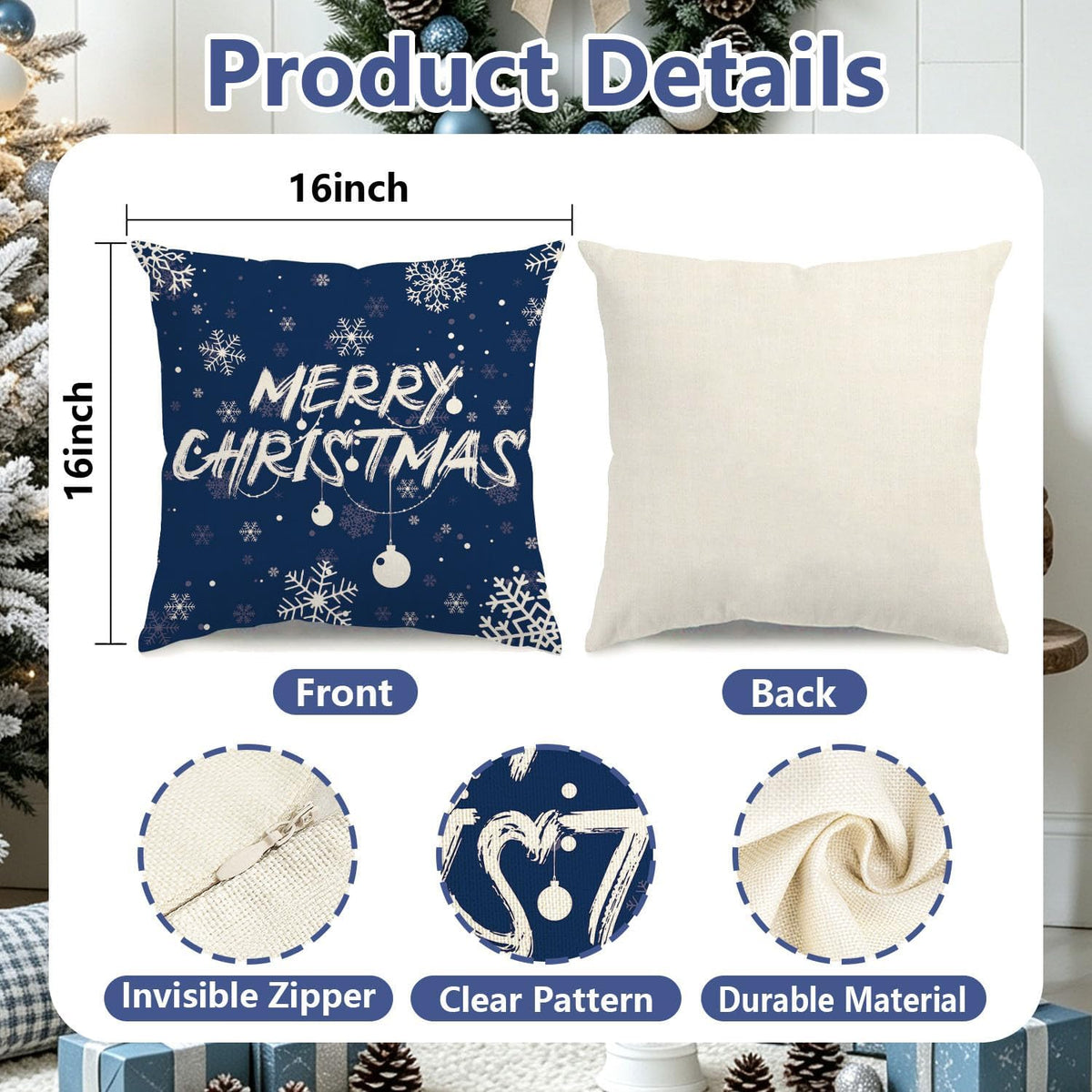 Blue Merry Christmas Snowflake Pillow Covers 16X16 Inch Set of 4