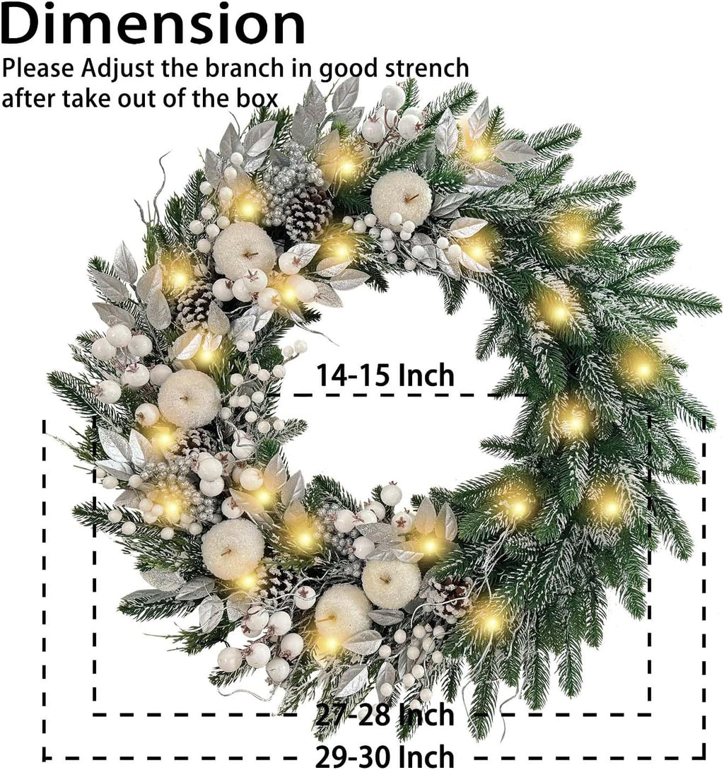 30 Inch Pre-Lit Silver White Christmas Wreaths for Front Door