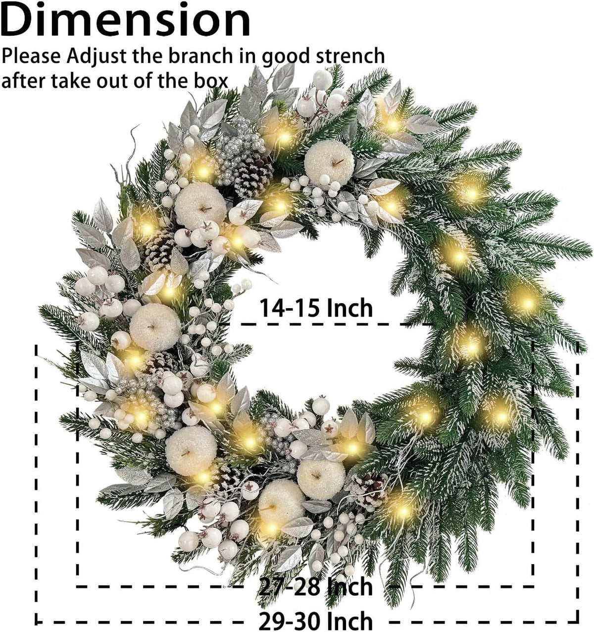 30 Inch Pre-Lit Silver White Christmas Wreaths for Front Door