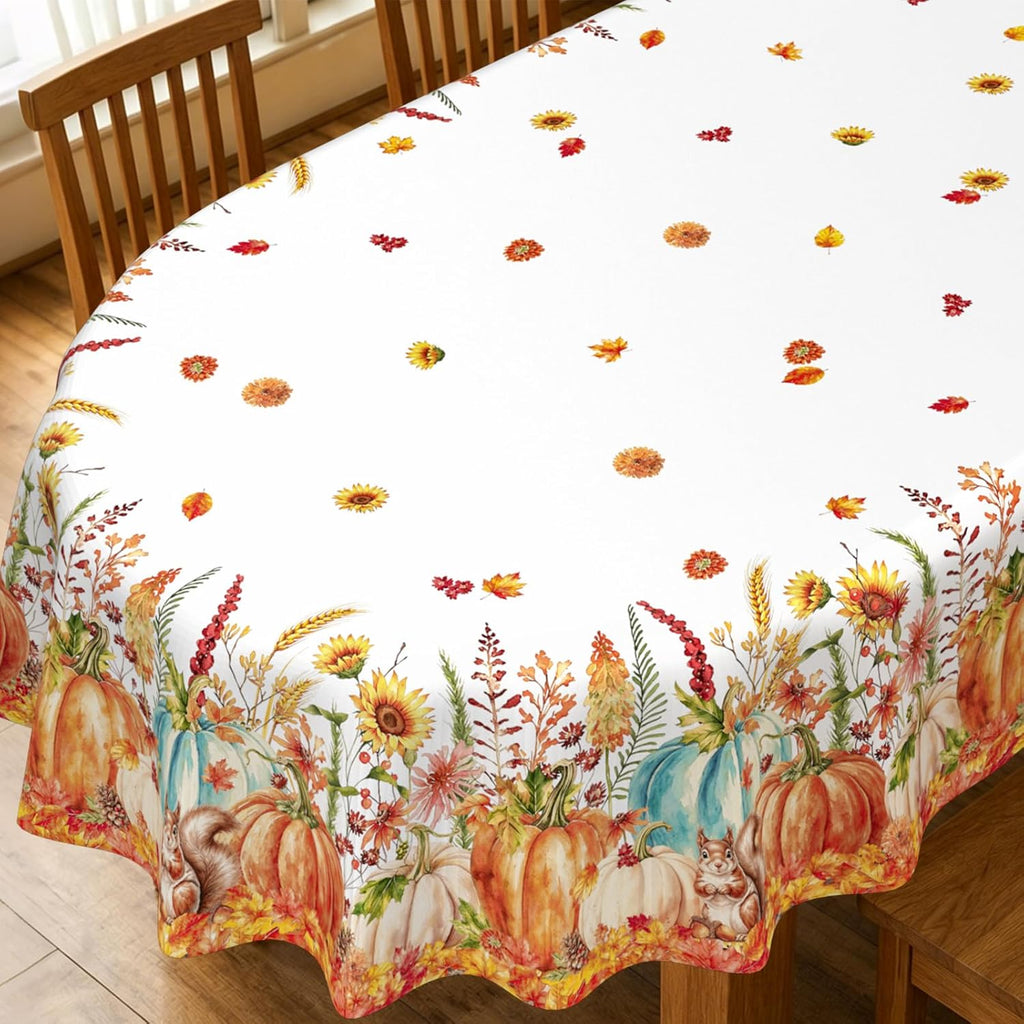 Fall Tablecloth Autumn Pumpkin Squirrel Sunflower Maple Leaves Tablecloths Oval 60X84 Inch Table Cover for Dinning Table Decorations