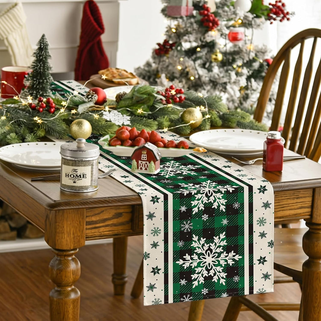 Christmas Decorations Green Snowflakes Christmas Table Runner, 13X36